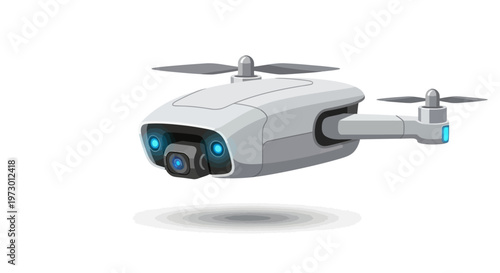 Modern surveillance drone with camera and lights flying.