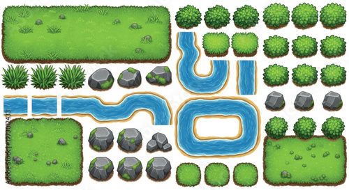Cartoon game environment assets, 2D landscape map constructor with grass tiles and river paths, nature level design elements vector set isolated PNG with Transparent Background