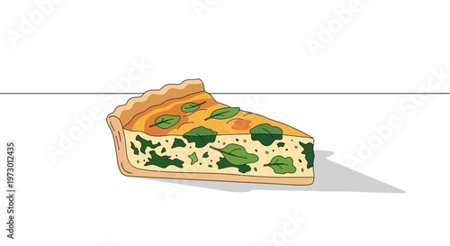 A slice of spinach quiche on a white background