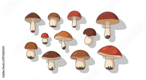 A whimsical collection of diverse cartoon mushrooms and fungi.