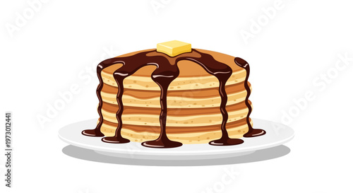 Stack of pancakes with chocolate syrup and butter on white plate