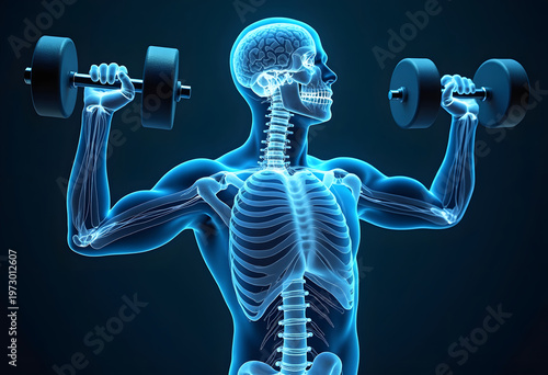 Skeleton Lifting Dumbbells Shows Muscular Strength in a Dark Background With Blue Glow at a Gym or Fitness Center