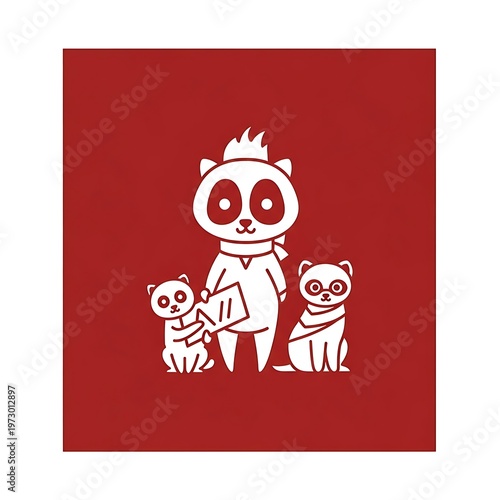 Whimsical Red Panda Family Illustration on Red Background.