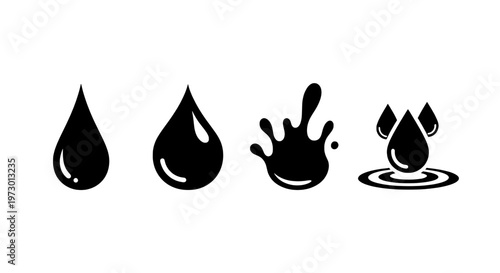 Water droplets icon set with black silhouettes and shiny effects on white background featuring droplet icons, waterdrop set, vector graphics