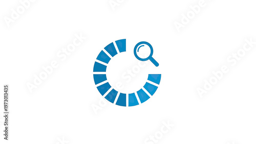 Blue circular segments and magnifying glass icon on white background