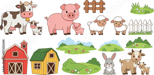 Cute farm animals and countryside elements vector set with cow pig sheep goat rabbit barns and nature scenes illustration