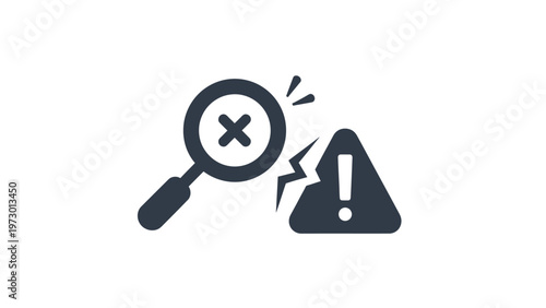 Magnifying glass with a cross marks an error near a cracked warning sign