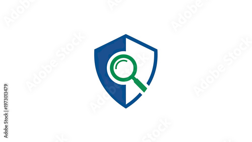 Blue shield with a green magnifying glass searching