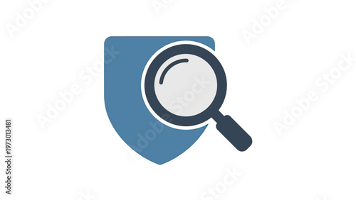 Magnifying glass over a blue shield icon, symbolizing security inspection