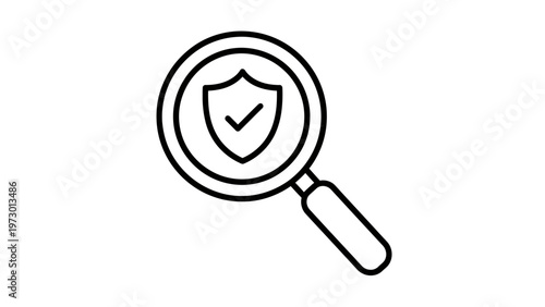 Magnifying glass over shield with checkmark, symbolizing security and verification