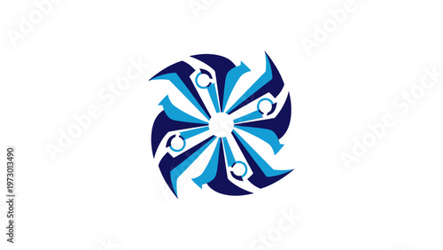 Abstract blue and dark blue pinwheel graphic with white center