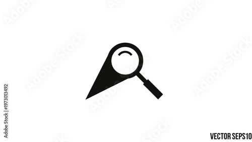 Black silhouette of a magnifying glass merged with a location pin