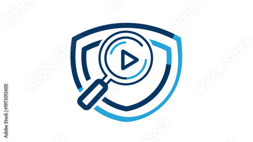 Magnifying glass over shield with play button and waves
