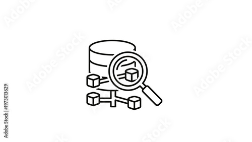 A magnifying glass examines database cubes connected by lines