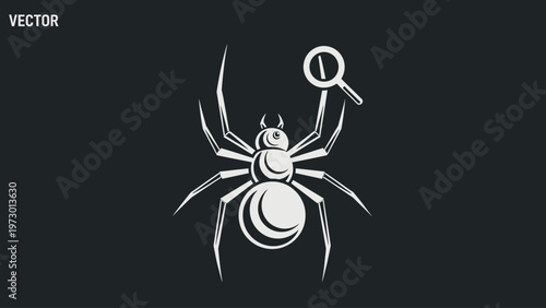 Stylized spider with a magnifying glass, representing investigation or search