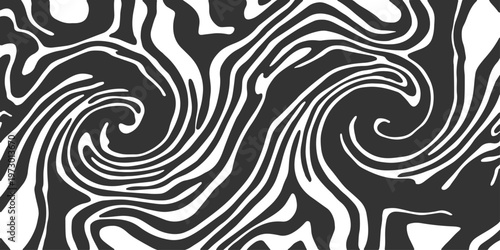 Seamless black and white abstract pattern featuring a vector zebra skin texture with wild wave lines and striped marble swirls for a decorative textile wallpaper design