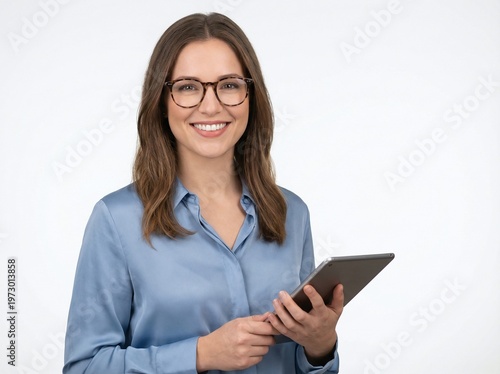 A beautiful businesswoman smiling while holding a tablet 