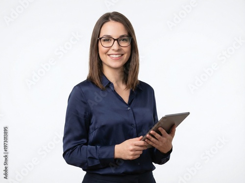 A beautiful businesswoman smiling while holding a tablet 