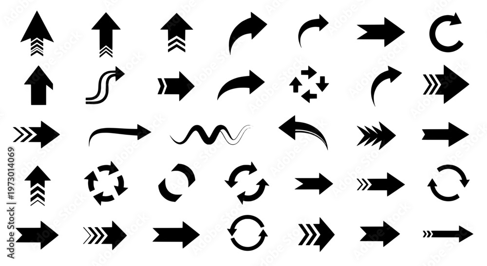 Fototapeta premium Arrows hand drawn set with black curved lines, arrows pointing in various directions, icons for navigation and design