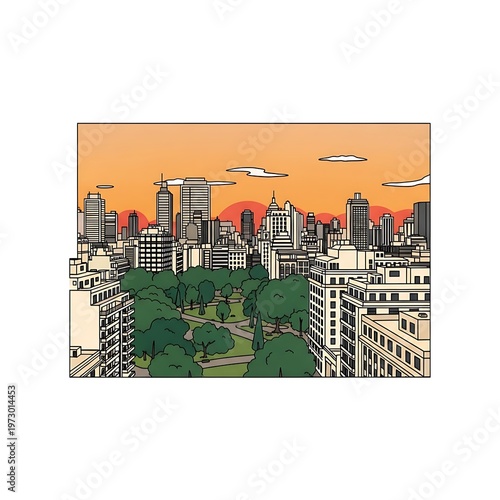 Vibrant Cityscape Illustration - Central Park and Urban Skyline at Sunset.