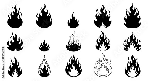 Flames set of black silhouettes with various shapes and sizes, including burning fire icons with dynamic and abstract designs.