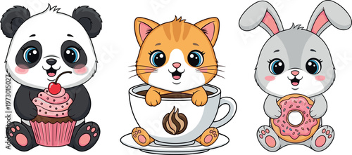 Cute cartoon animals with desserts panda cat bunny holding cupcake coffee donut kawaii nursery illustration set