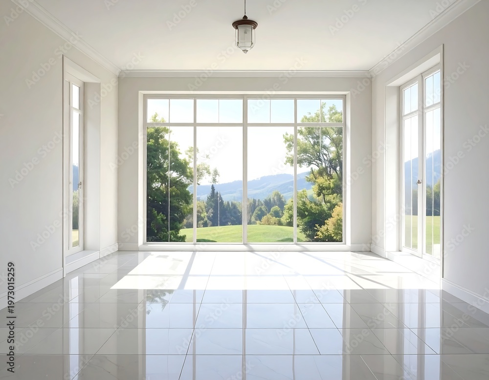 Fototapeta premium A bright empty room with large windows overlooking a scenic view