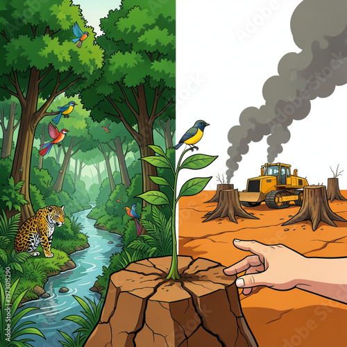 Deforestation and Climate Crisis Concept Art, Lush Forest to Devastated Landscape with Child and Sapling Vector Illustration