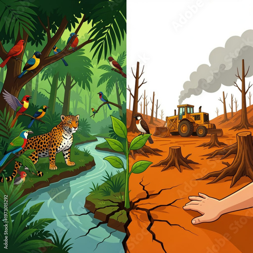 Climate Change and Deforestation Awareness Illustration, Split-Scene Lush Forest vs Devastated Land with Sapling Vector