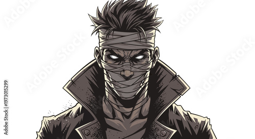 Bandaged Man with Glowing Eyes and Trench Coat