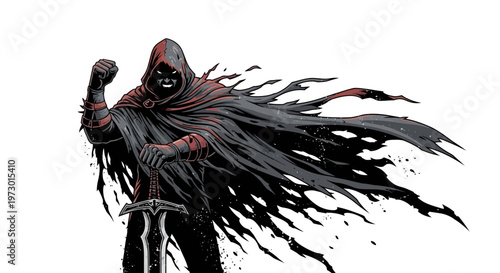 Dark hooded warrior with sword, tattered cloak, menacing grin, fantasy illustration