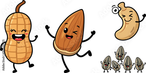 Cute cartoon peanut almond cashew and sunflower seeds characters collection funny healthy snack mascots vector illustration set