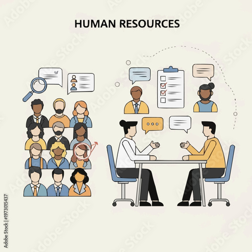 Flat vector illustration showing the human resources recruitment process with professional candidates and job interviews