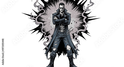 Dark Male Figure with Arms Crossed, Explosive Background