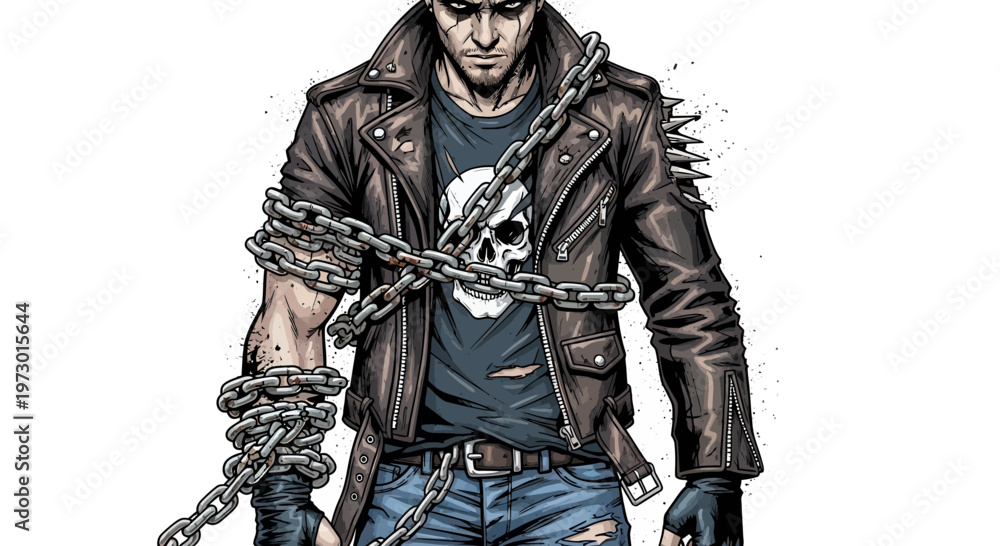 Fototapeta premium Man in Leather Jacket with Chains