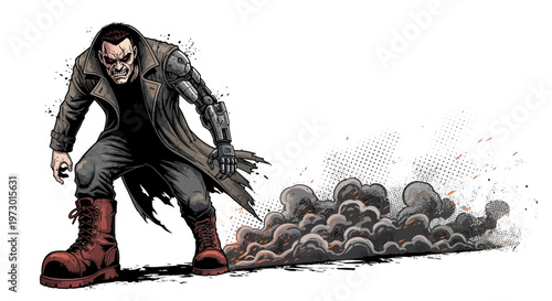 Gritty Cyberpunk Man with Mechanical Arm and Smoke Trail