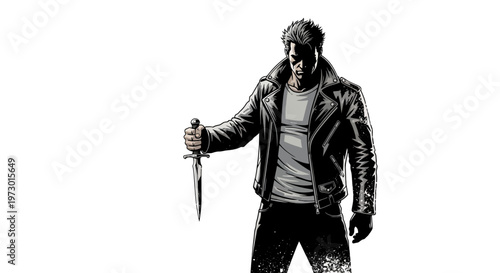 Man in leather jacket holding a knife, dramatic pose, black and white illustration