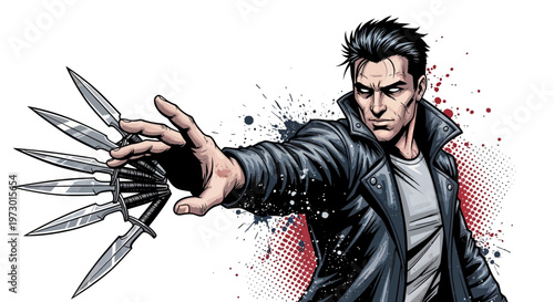 Man throwing shurikens, comic book style