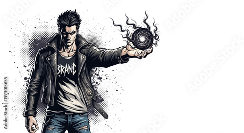 Man with dark energy orb in hand, comic book style, rockstar aesthetic
