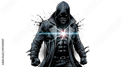 Mysterious hooded figure with glowing chest emblem, dark trench coat, intense gaze