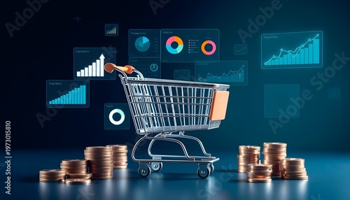 Profit and Sales Analytics Scene. A metallic shopping cart surrounded by floating transparent dashboards showing sales charts, pie charts, and growth analytics
