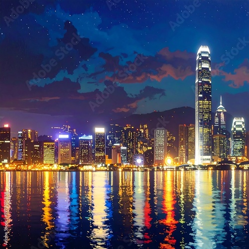 A vibrant cityscape at dusk with illuminated skyscrapers reflecting off the water
