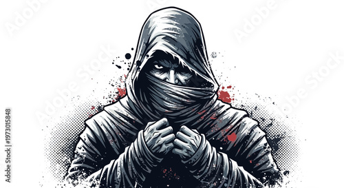 Mysterious hooded figure with intense gaze, hands clenched, urban grunge style