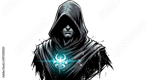 Mysterious hooded figure with glowing symbol on chest, dark fantasy art