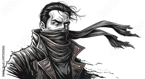 Mysterious Man in Scarf and Jacket, Intense Gaze, Windblown