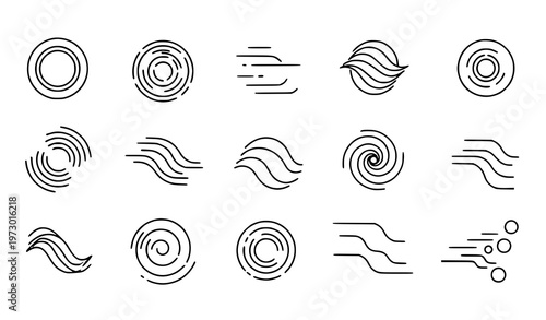 A set of minimalist line art icons depicting swirling motion and fluid dynamics