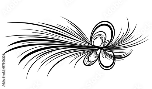 A minimalist black and white vector graphic design of swirling lines