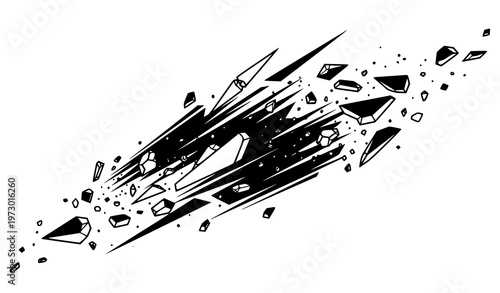 A dynamic vector graphic illustration of a black explosion with shards and debris
