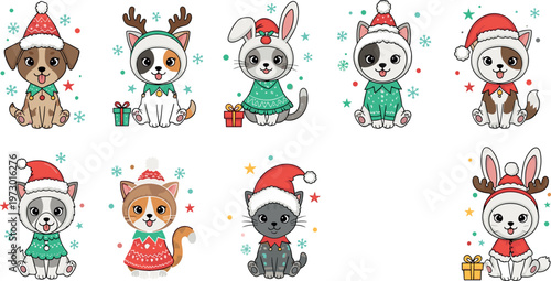 Cute Christmas animals collection wearing festive winter clothes and Santa hats cartoon pets with gifts holiday vector illustration set