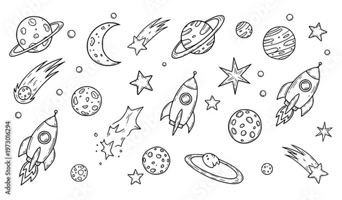 A vector graphic illustration of space objects and rockets in a minimalist design